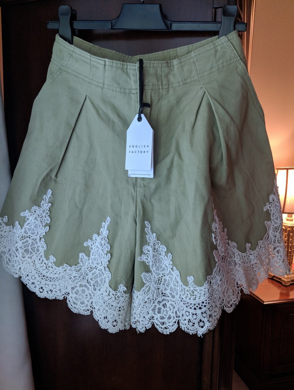 English Factory Olive Green Lace Trim Women's Shorts
